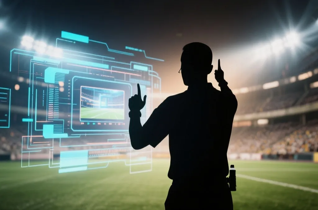 Generic referee silhouette in a stadium setting signaling a video review with abstract high tech digital lines